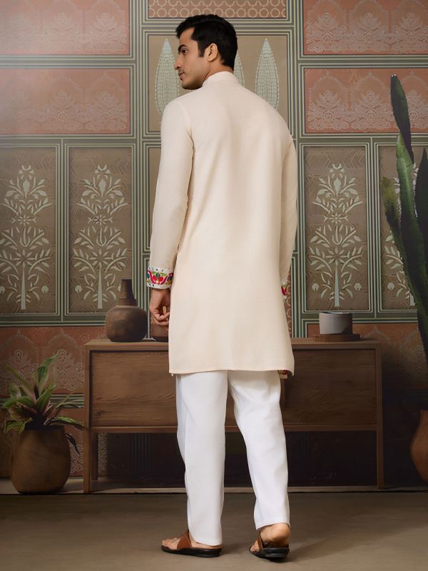 Cream Cotton Navratri Kurta Set In Mirror Work