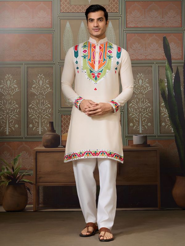 Cream Cotton Navratri Kurta Set In Mirror Work