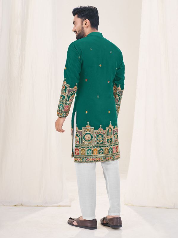 Dark Green Zari Embellished Readymade Kurta Set