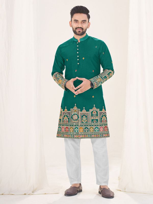 Dark Green Zari Embellished Readymade Kurta Set