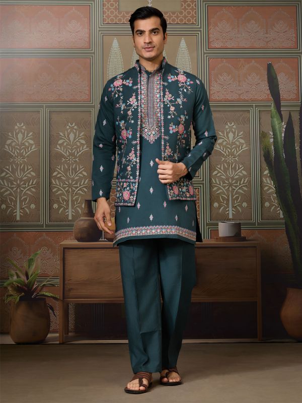 Green Floral Thread Embellished Silk Kurta Set