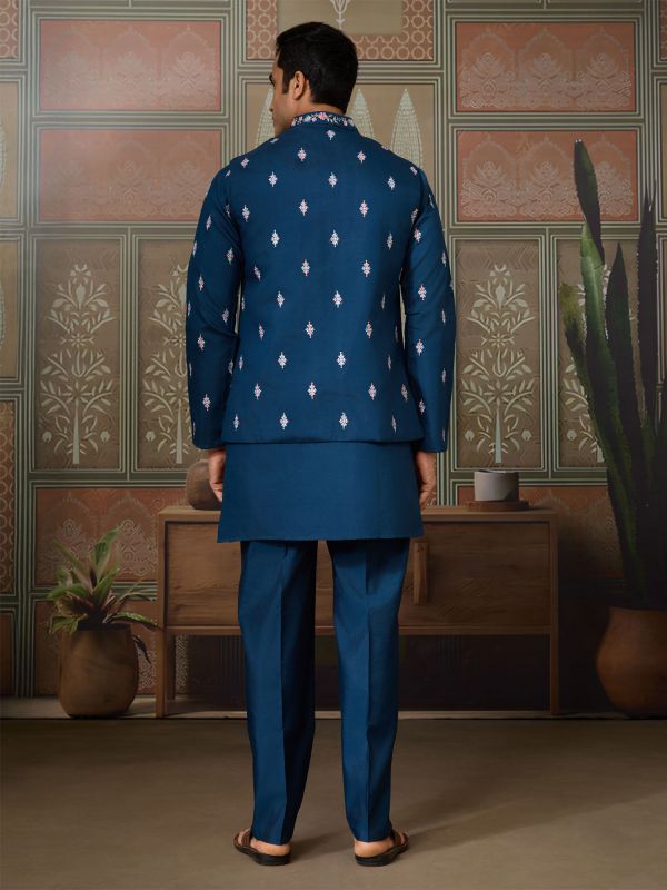 Blue Menswear Navratri Kurta Pyjama In Viscose Silk
