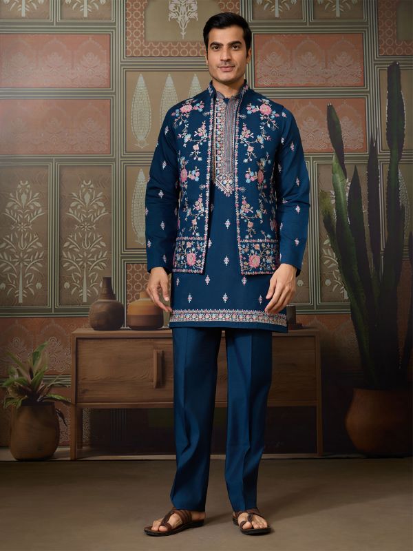 Blue Menswear Navratri Kurta Pyjama In Viscose Silk