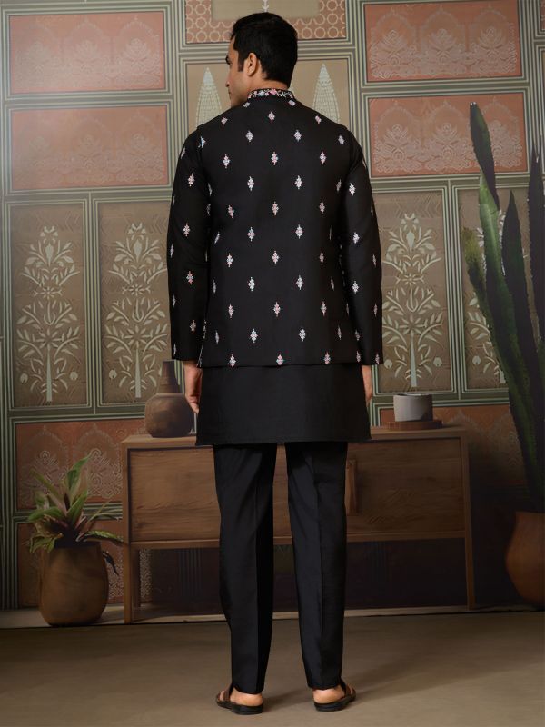 Black Readymade Kurta Set With Jacket In Silk