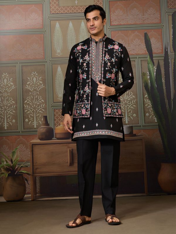 Black Readymade Kurta Set With Jacket In Silk