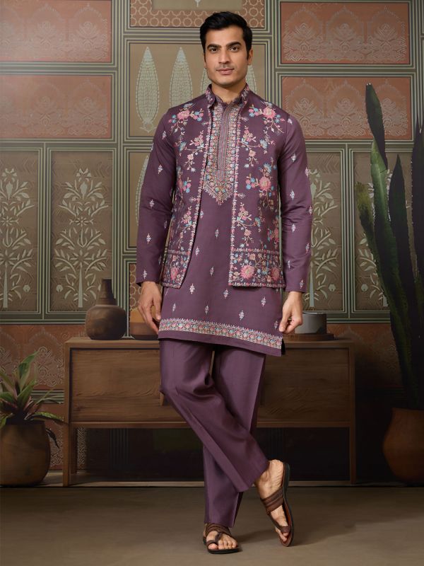 Dusty Purple Navratri Silk Kurta Set With Jacket