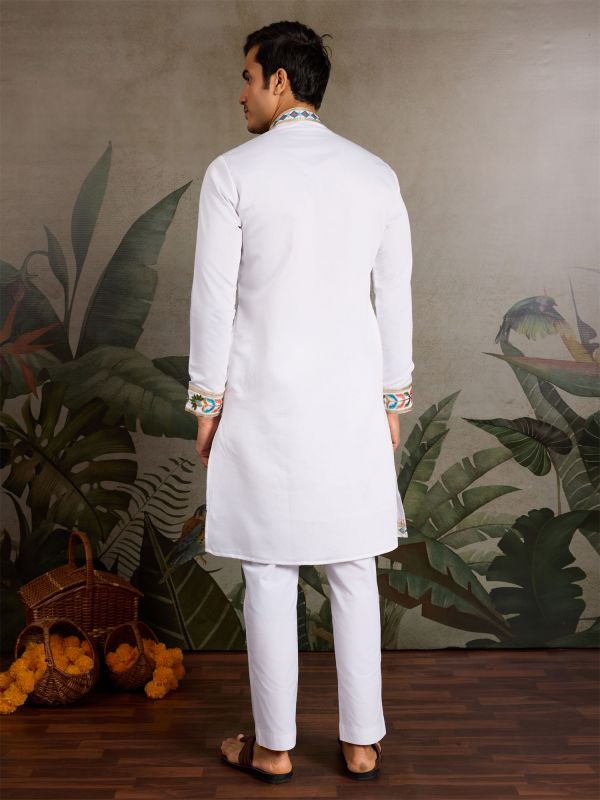 White Silk Kurta Pyjama In Thread Embroidery