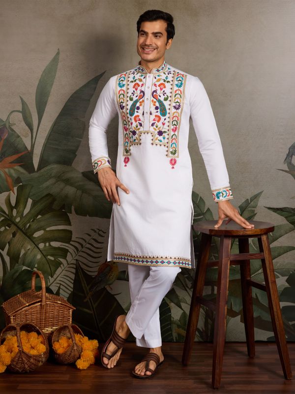 White Silk Kurta Pyjama In Thread Embroidery
