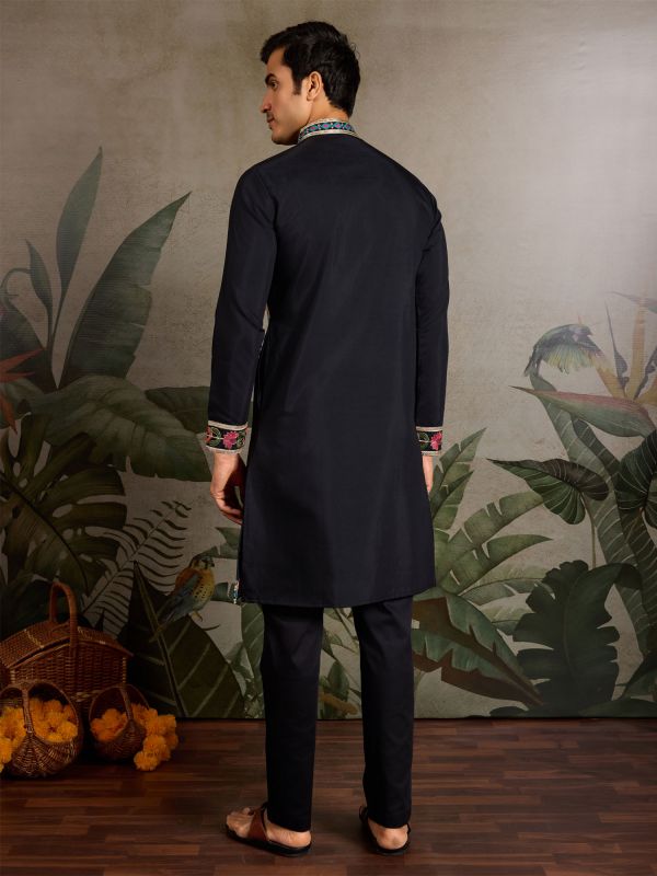 Black Menswear Navratri Kurta Set In Viscose Silk