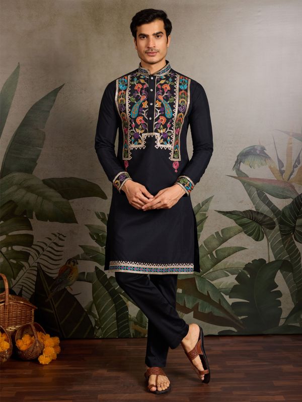 Black Menswear Navratri Kurta Set In Viscose Silk