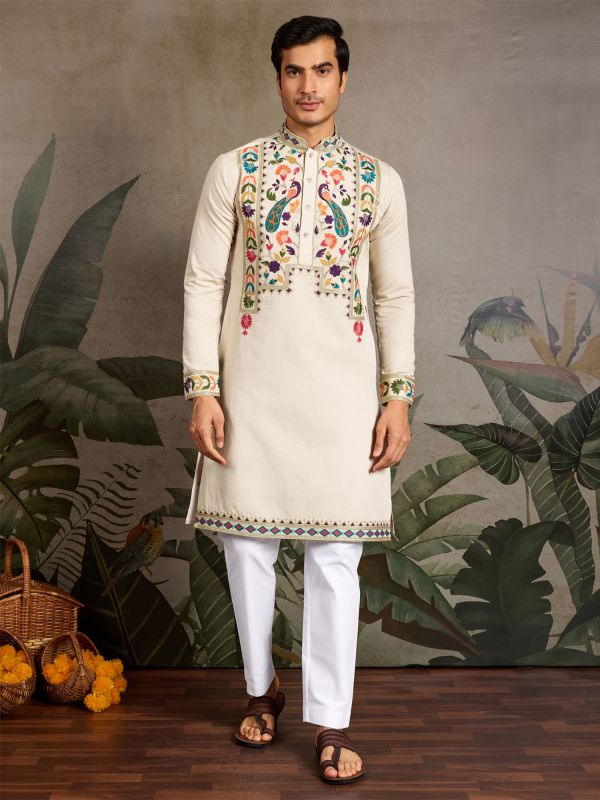 Beige Festive Readymade Men's Kurta Pyjama Set