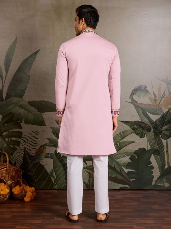 Light Pink Embroidered Men's Navratri Kurta Pyjama