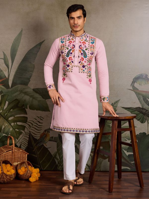 Light Pink Embroidered Men's Navratri Kurta Pyjama