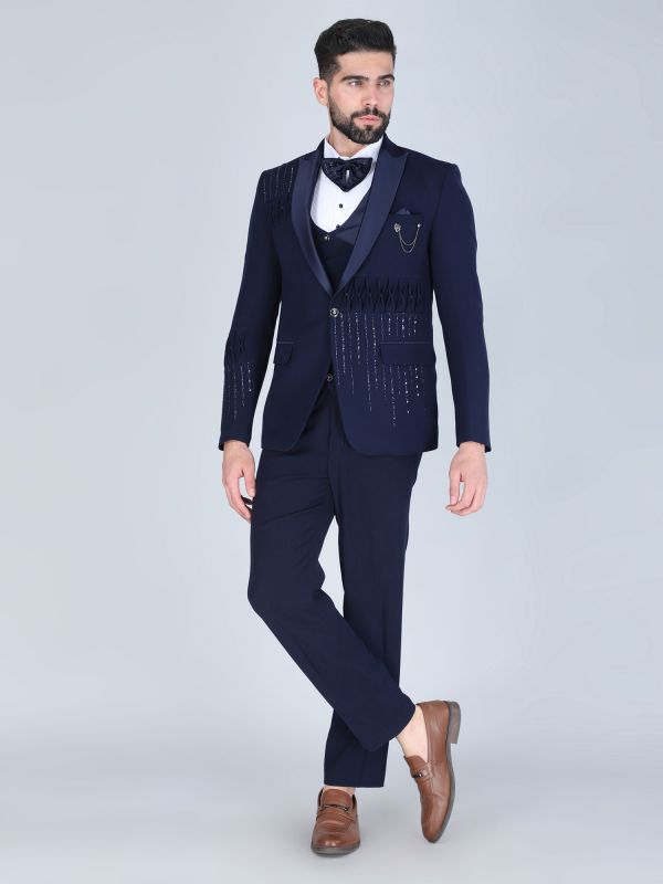 Navy Blue Embroidered Cocktail Wear Tuxedo Suit