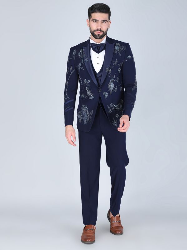 Navy Blue Designer Tuxedo Set In Hand Embellishment