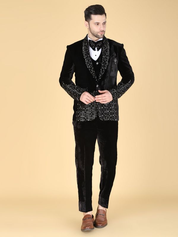 Black Heavy Embroidered Tuxedo Suit For Mens
