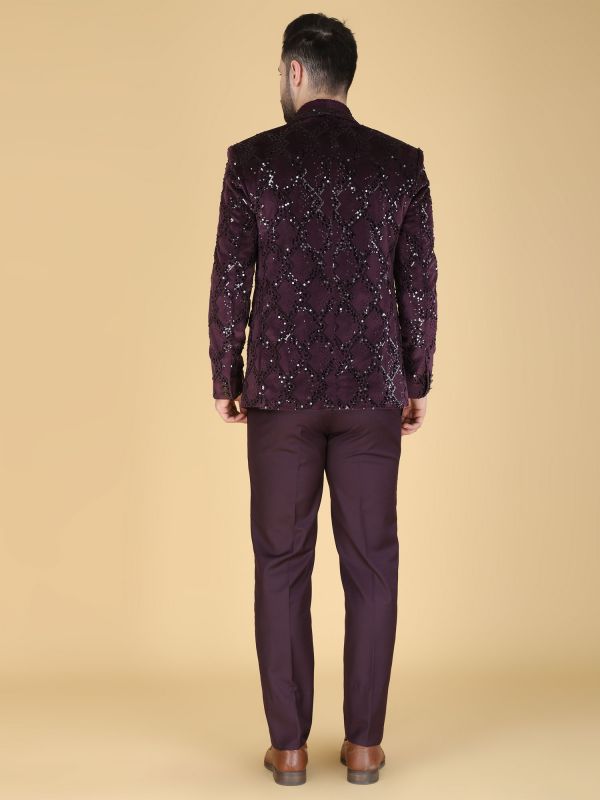 Wine Sequins Work Augmented Men's Tuxedo Suit