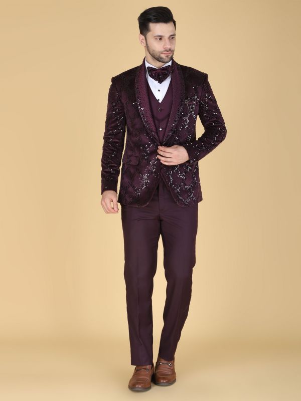 Wine Sequins Work Augmented Men's Tuxedo Suit