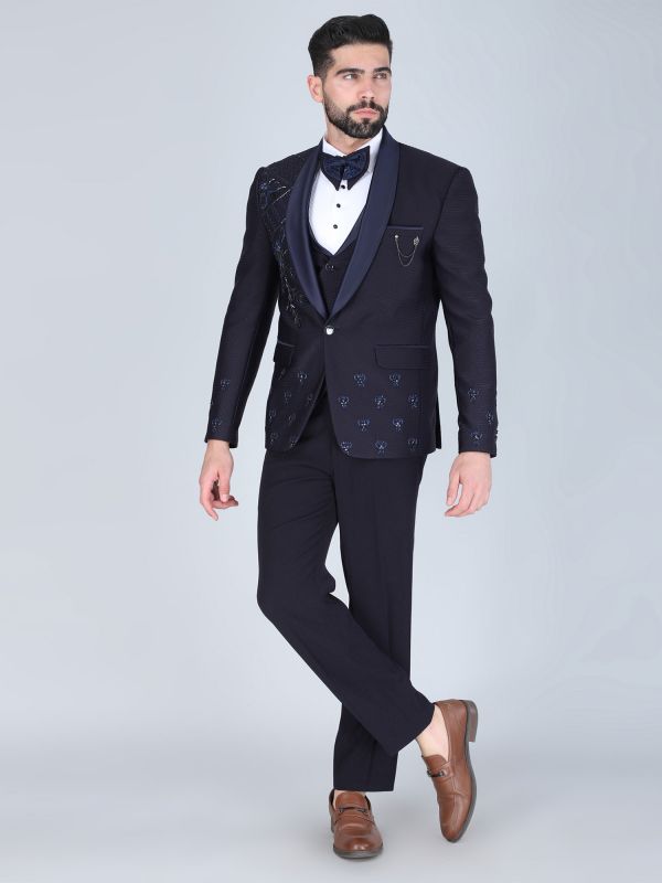 Navy Blue Tuxedo Suit In Hand Work Embellishment