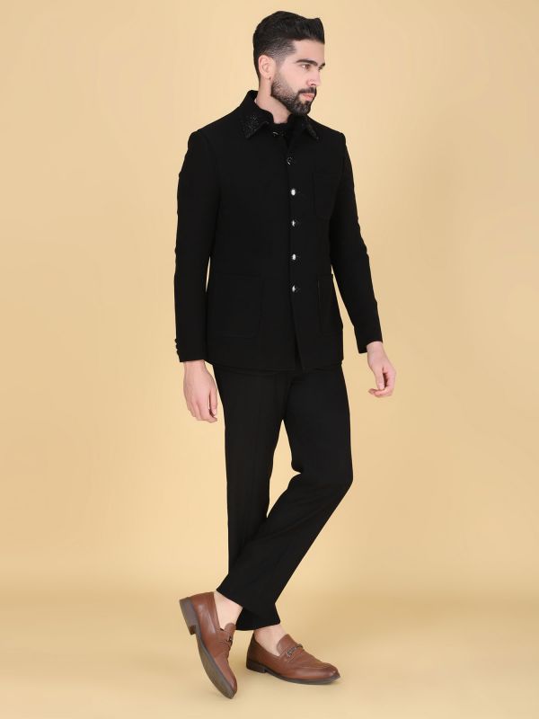 Black Stylish Men's Bandhgala Suit In Cotton