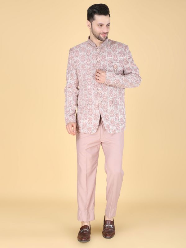 Light Pink Floral Thread Work Mandarin Suit
