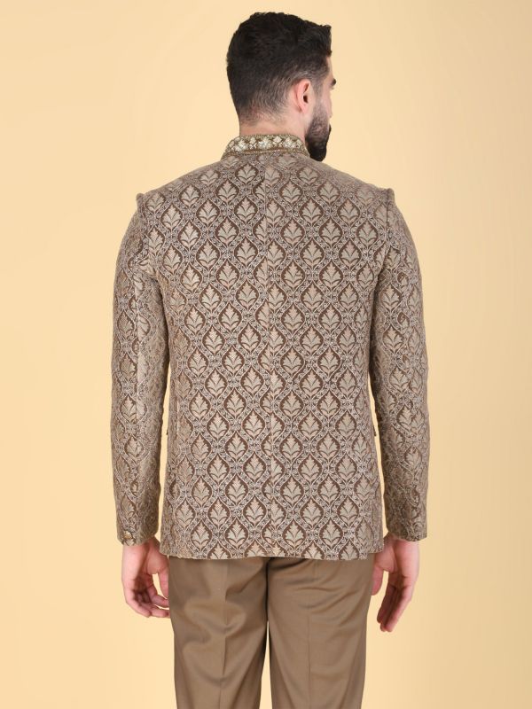 Brown Heavy Embroidered Wedding Bandhgala Suit