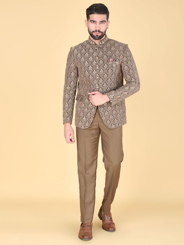 Brown Heavy Embroidered Wedding Bandhgala Suit