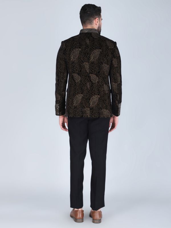 Black Velvet Mandarin Set In Heavy Embroidery