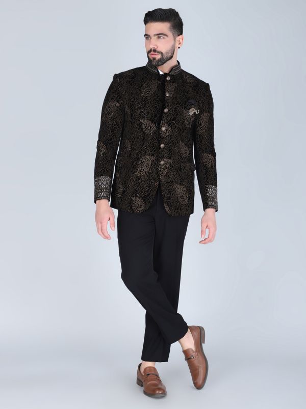 Black Velvet Mandarin Set In Heavy Embroidery