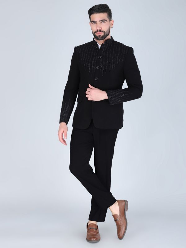 Black Hand Work Embroidered Bandhgala Suit