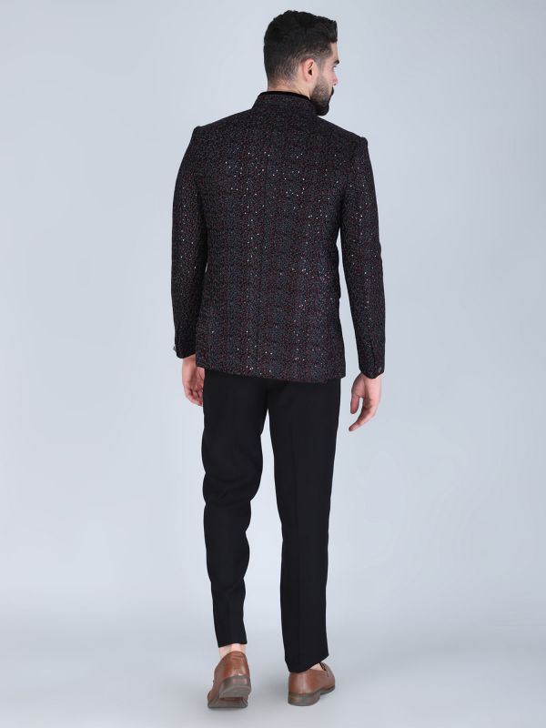 Black Wedding Mandarin Suit In Floral Embellishment