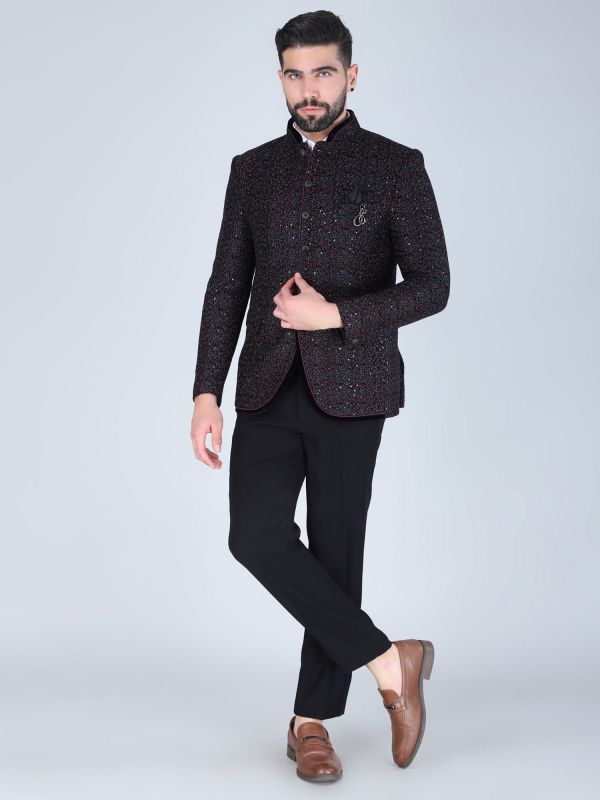 Black Wedding Mandarin Suit In Floral Embellishment