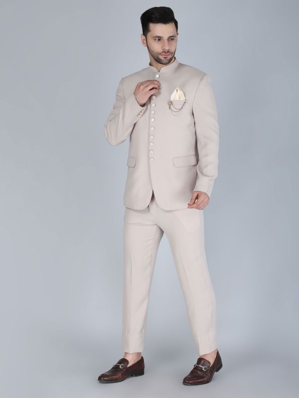 Light Grey Menswear Stylish Jodhpuri Set In Cotton