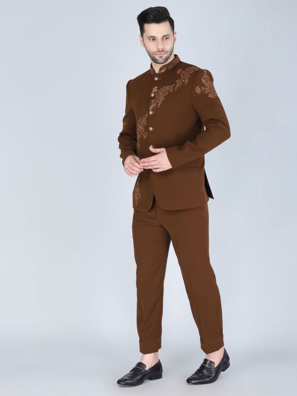 Dark Brown Embroidered Men's Bandhgala Set