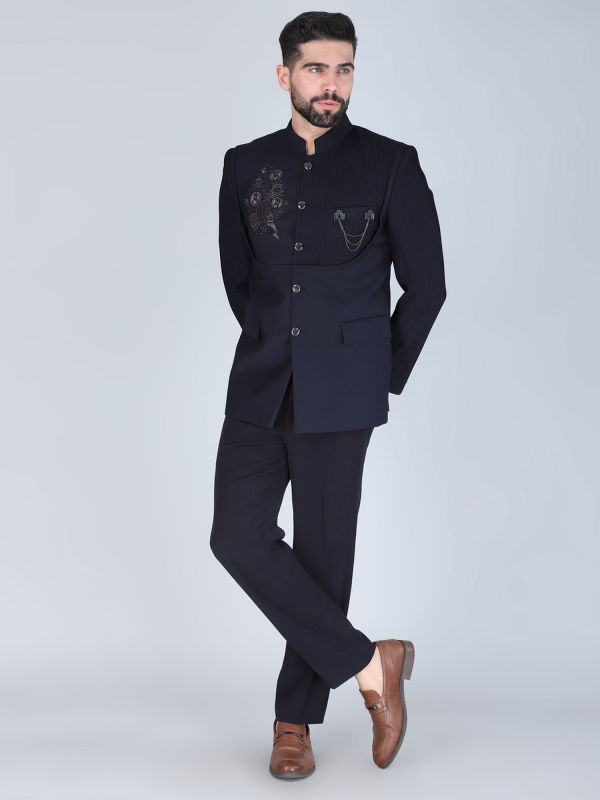 Navy Blue Designer Men's Mandarin Set In Rayon