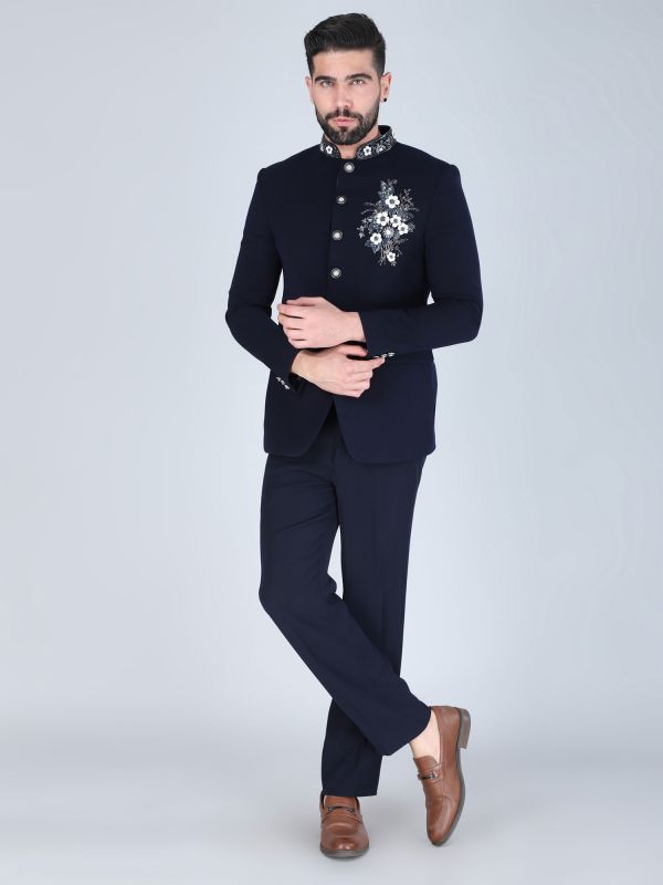 Navy Blue Floral Embroidered Designer Jodhpuri Suit