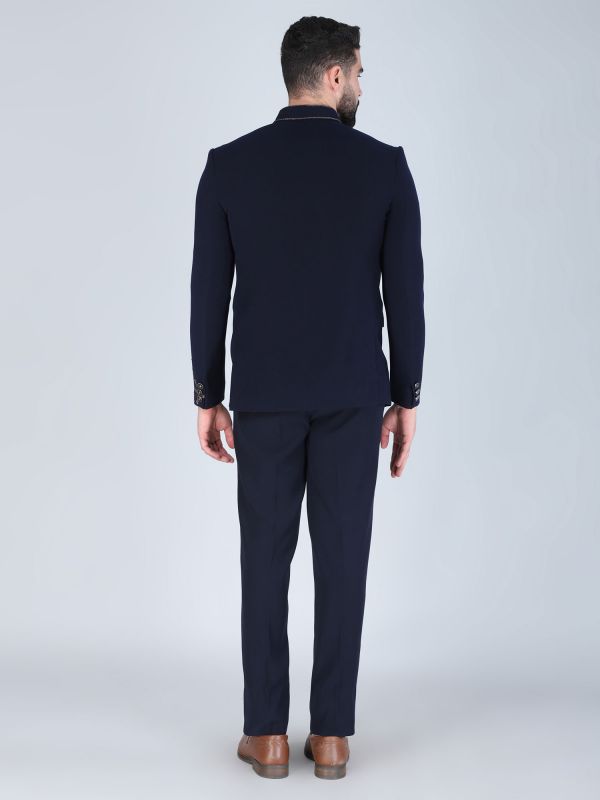 Navy Blue Wedding Cotton Bandhgala Suit For Mens
