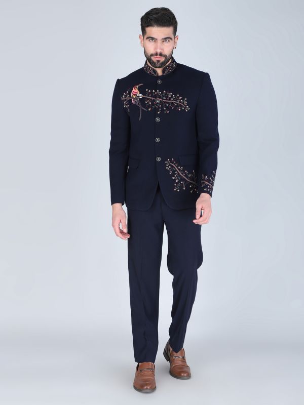 Navy Blue Wedding Cotton Bandhgala Suit For Mens