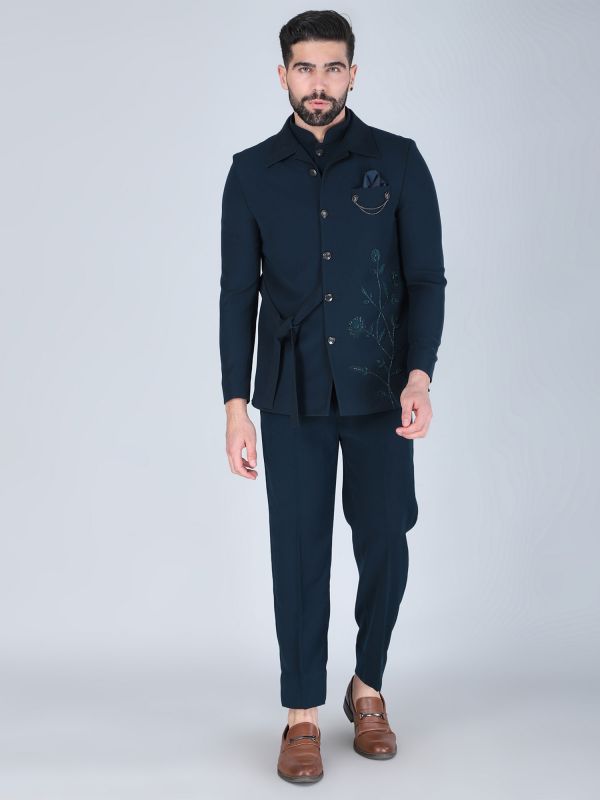 Teal Green Designer Jodhpuri Suit In Hand Work