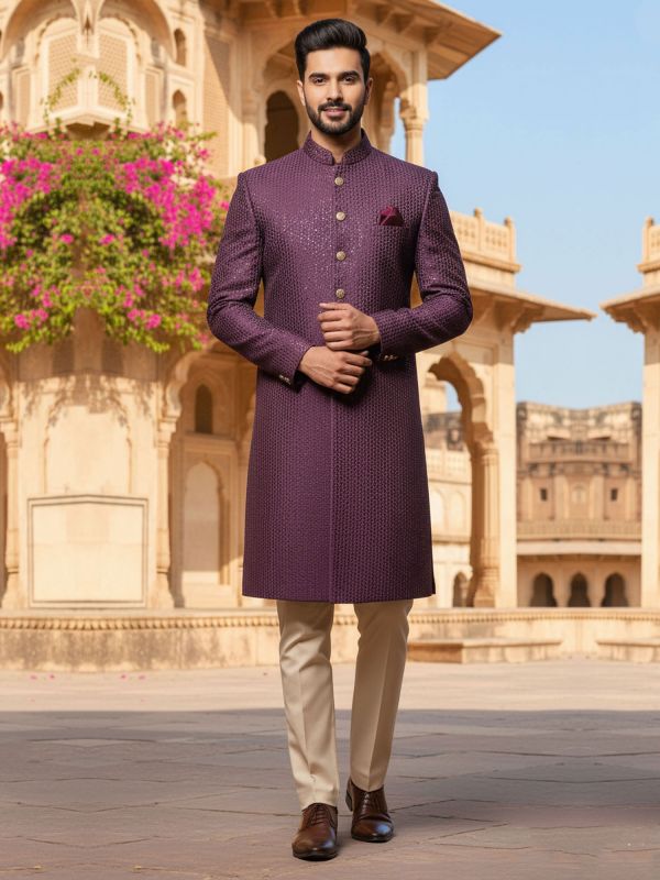 Wine Embroidered Indo Style Men's Sherwani Set
