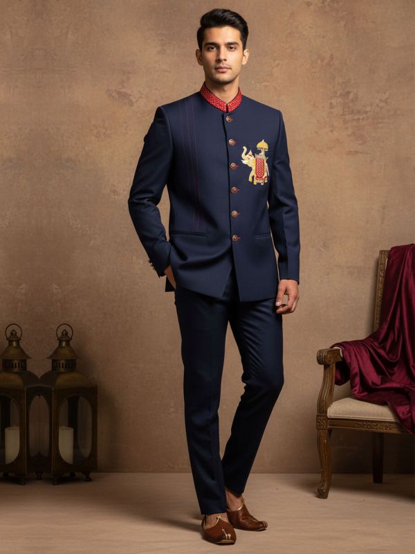 Navy Blue Hand Work Embellished Designer Jodhpuri Suit