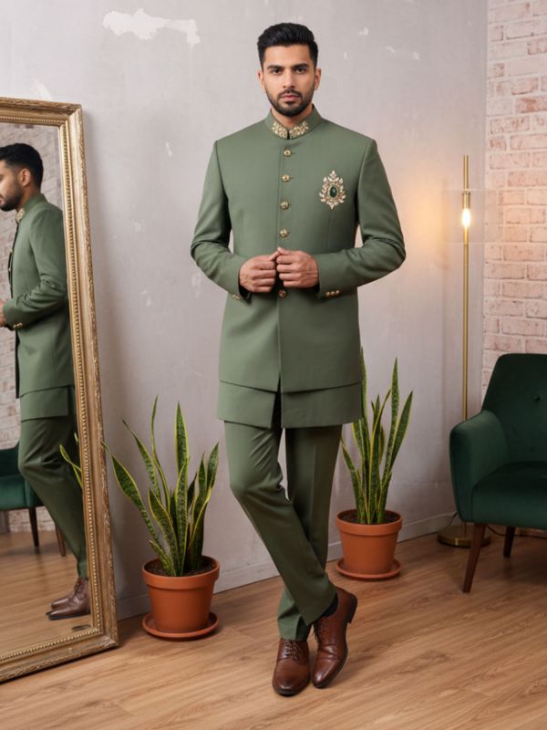 Green Hand Work Layered Style Indowestern For Mens