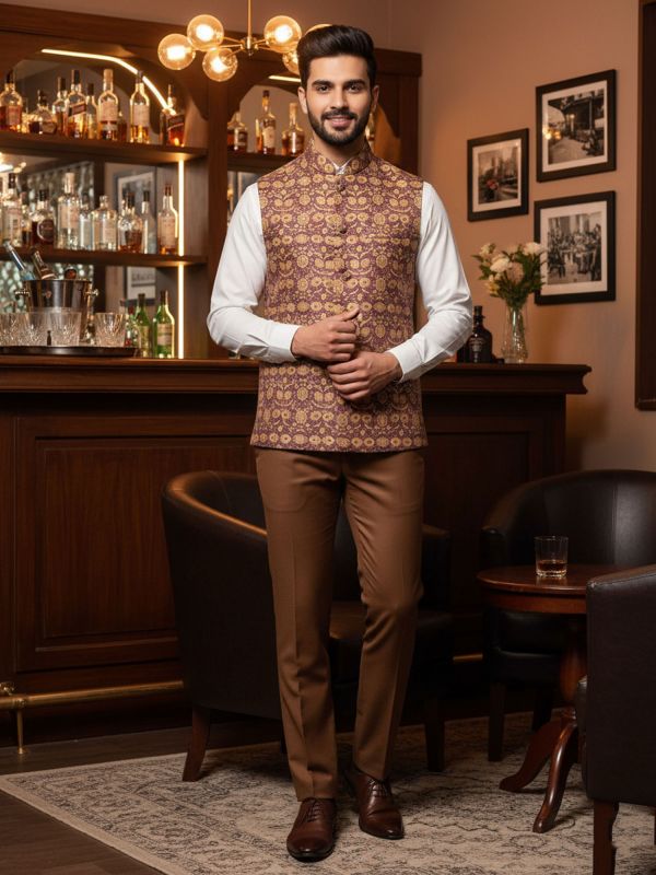 Brown Festive Printed Nehru Jacket In Linen