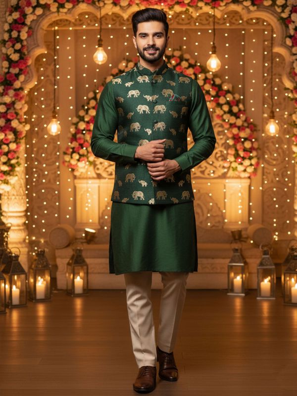 Dark Green Men's Kurta Set With Nehru Jacket
