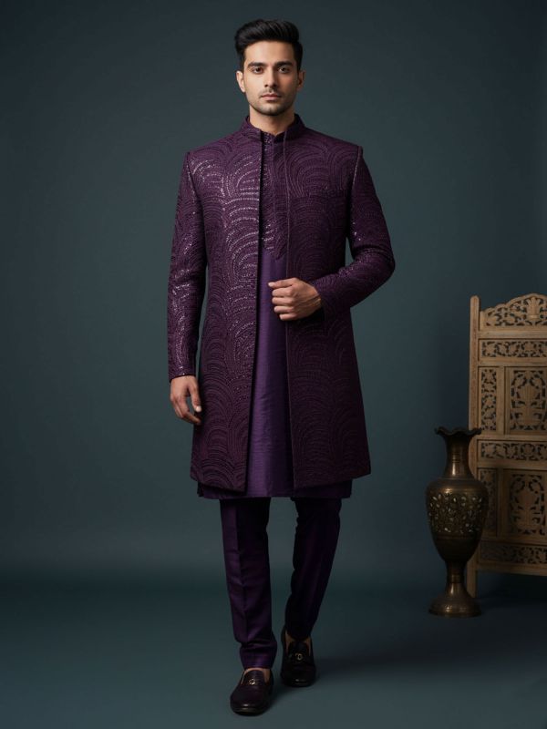 Wine Men's Indo Western With Jacket In Sequins Work