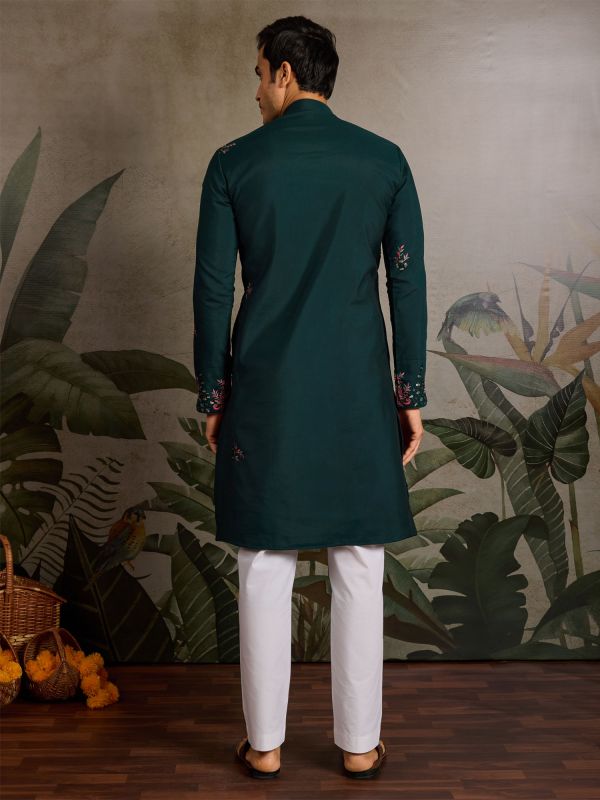 Green Readymade Kurta Pyjama In Floral Thread Work