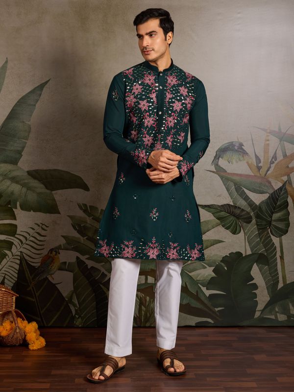 Green Readymade Kurta Pyjama In Floral Thread Work