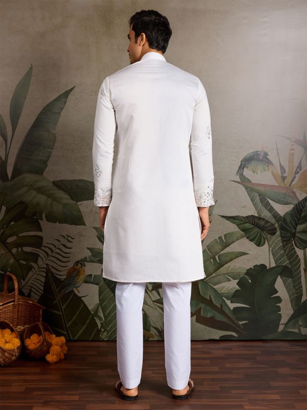 White Festive Kurta Set In Viscose Silk For Mens