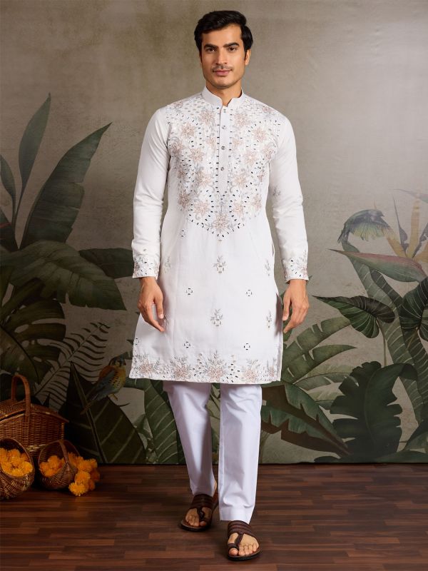 White Festive Kurta Set In Viscose Silk For Mens