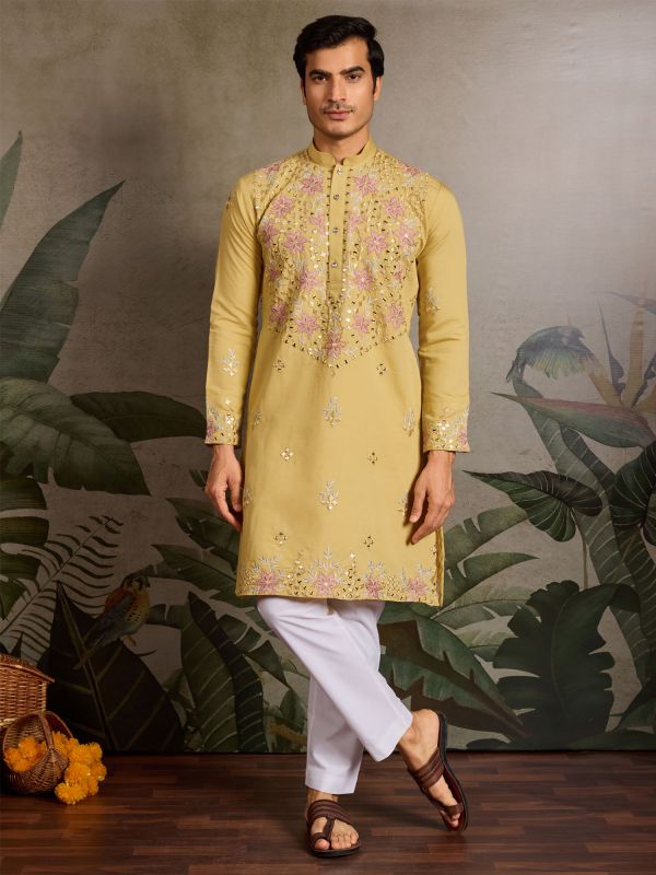 Yellow Navratri Kurta Set In Mirror Embellishments